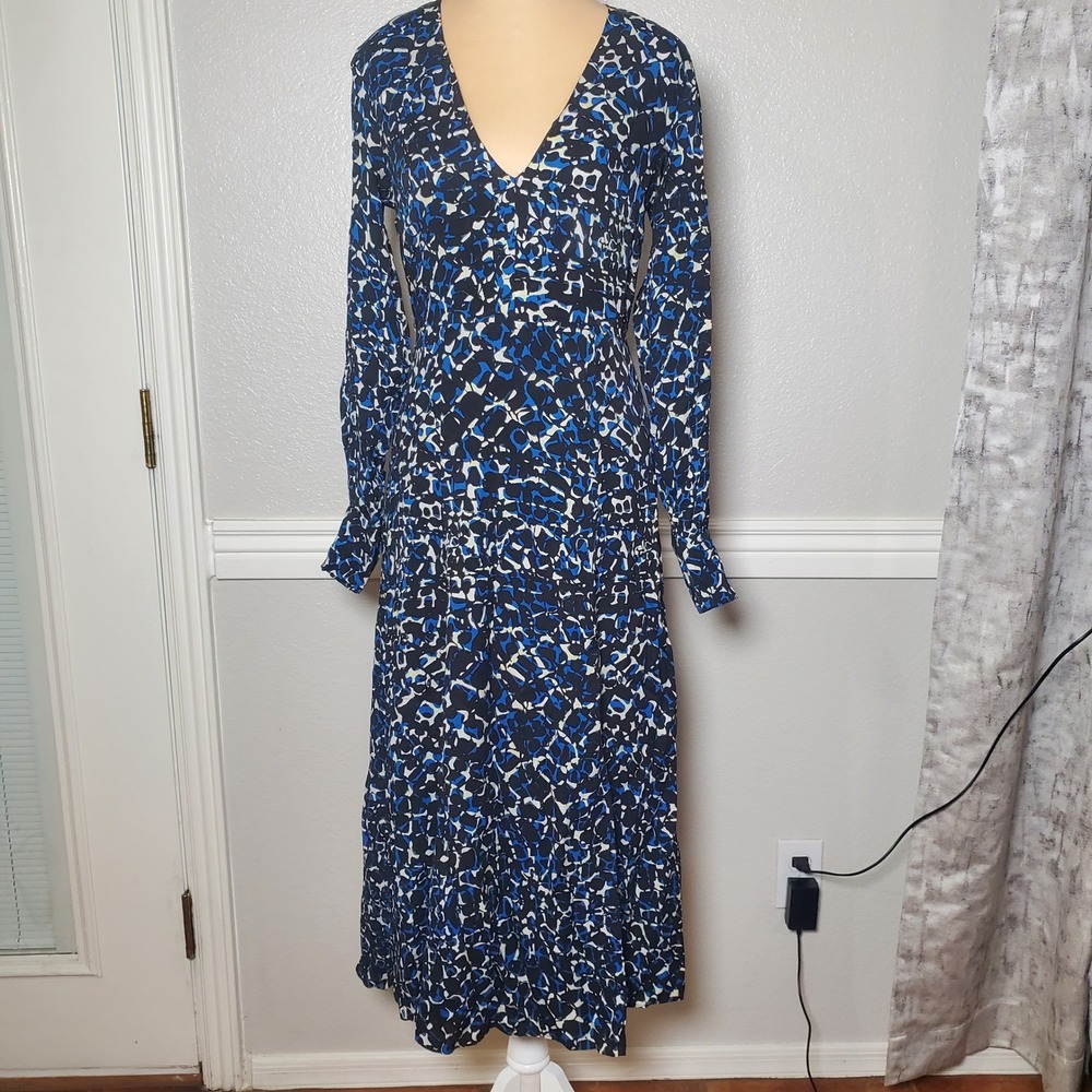Reiss Greta Blue Abstract Print Long Sleeve Midi Dress Size 4 US 8 UK - Picture 7 of 14